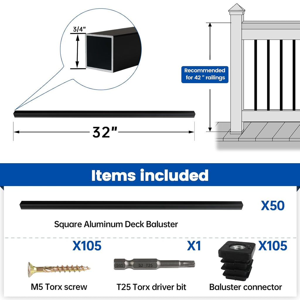 Muzata 4Pack Adjustable Post Base Brackets Deck Post Anchor Fit for Deck Railing Mailbox WT32 Bundle with 50Pack 32' Aluminum Deck Balusters Square Black for Wood and Composite Deck WT26