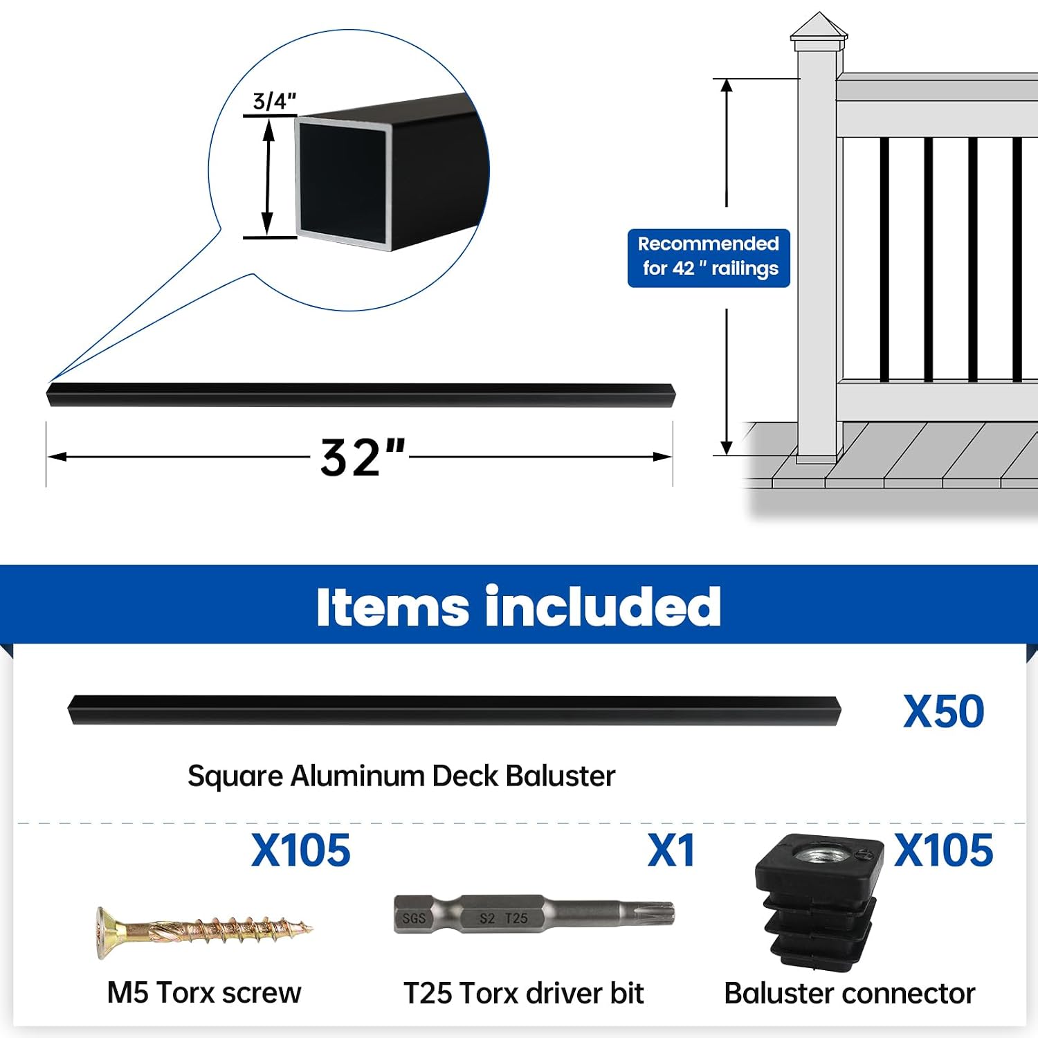 Muzata 4Pack Adjustable Post Base Brackets Deck Post Anchor Fit for Deck Railing Mailbox WT32 Bundle with 50Pack 32' Aluminum Deck Balusters Square Black for Wood and Composite Deck WT26