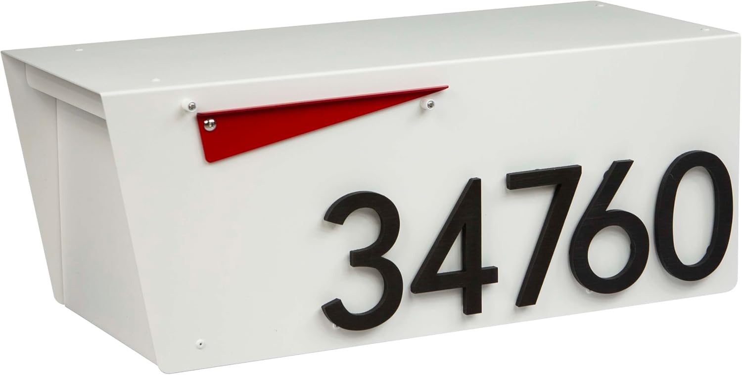 Rusty Design White Colour Post-Mounted Modern Mailbox with Personalized Address Numbers #HC101 (with Five Address Numbers)