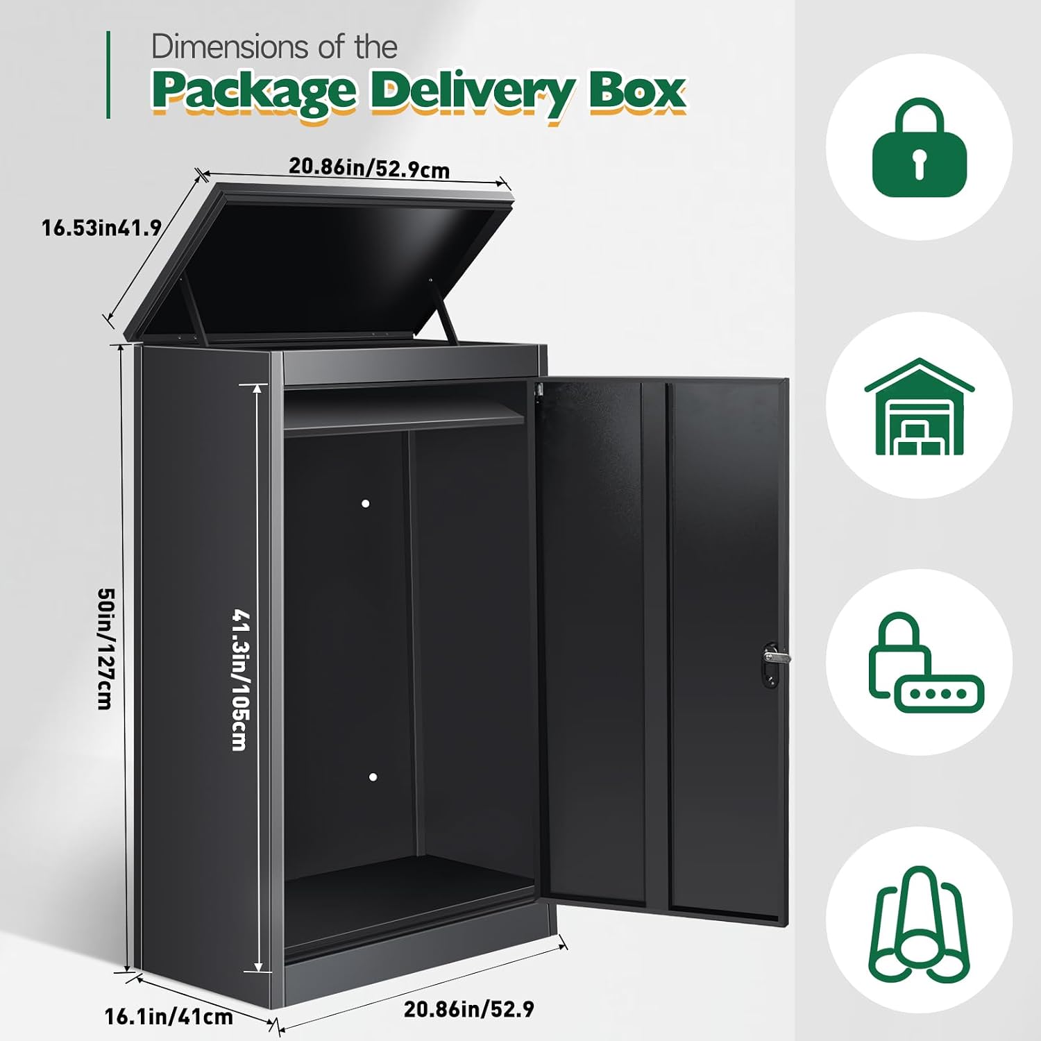 41.3' Package Delivery Box for Outside - Lockable Black Metal Parcel Drop Box, Anti-Theft, IPX4 Waterproof, Weather-Resistant Mailbox for Porch, Fence, Curbside (L)