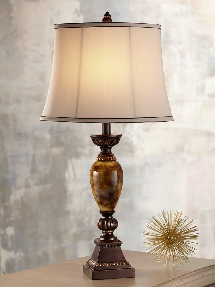 kathy ireland Mulholland Traditional Table Lamp 30' Tall Brown Gold Faux Marble Aged Bronze Off-White Fabric Oval Shade Decor for Bedroom Living Bedside Nightstand Home Office Kids Room