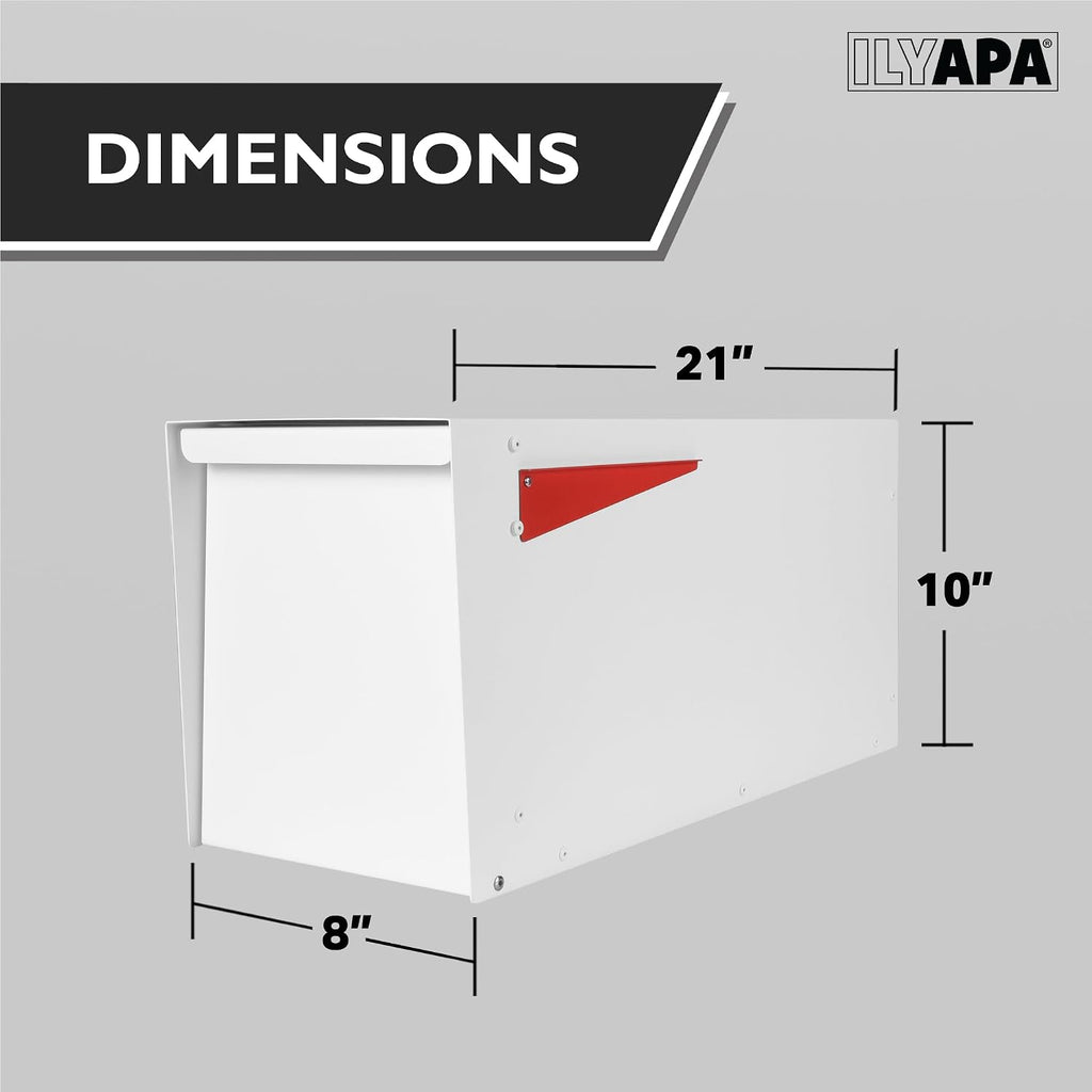 Ilyapa Modern Mailbox for Post Mount - White with White Door Powder Coated Steel, Waterproof Letter Box for Parcels, with Recessed Magnetic Close Door