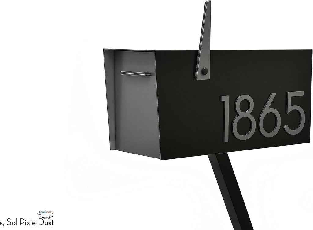 Contemporary Post-Mount Mailbox - Aluminum Black Body with Aluminum Door, Numbers and Flag - Large Customized Mailbox - Type 4 (Gray)
