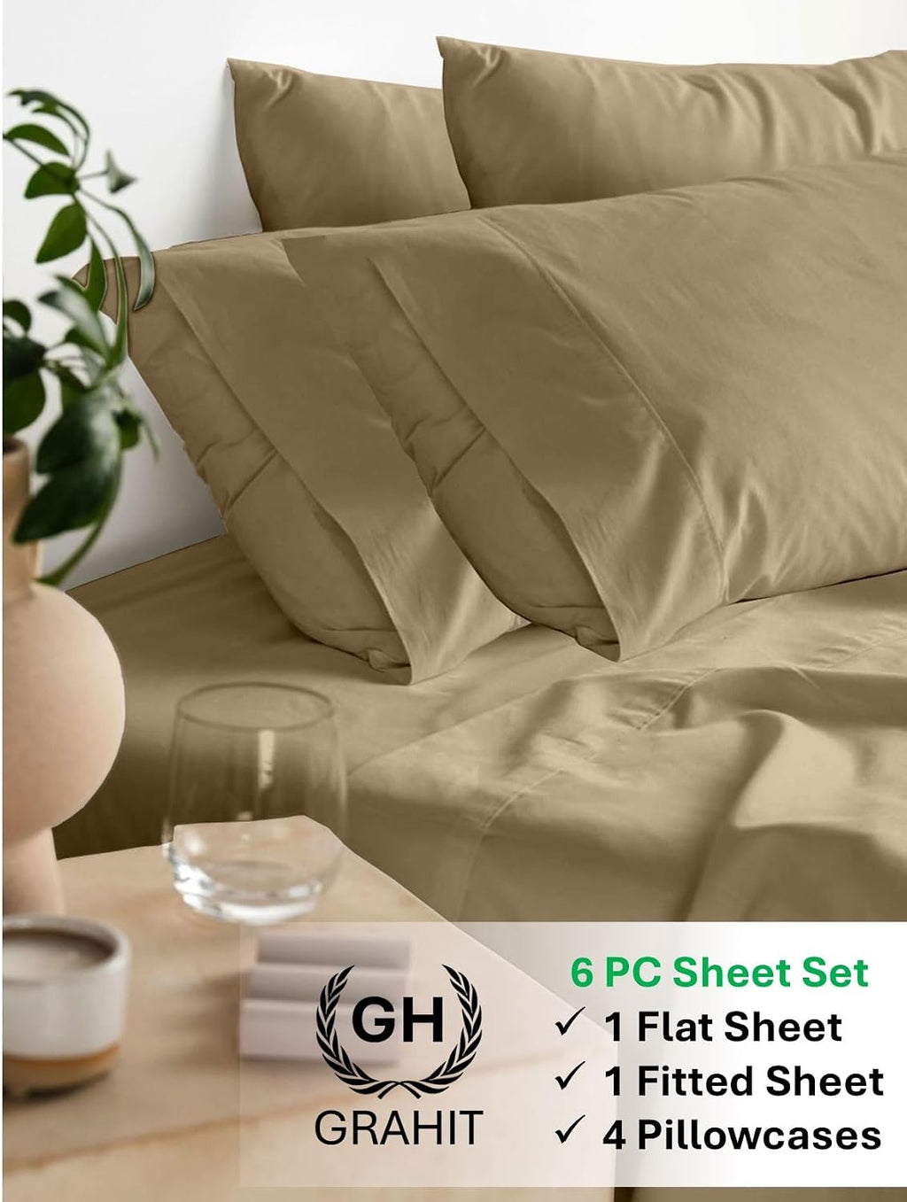100% Egyptian Long Staple Cotton Bedsheet Set, 800 Thread Count, 6-PC Sheets Set, Taupe Color, Queen Size, 15 Inch Deep Pocket of Fitted Sheet, Soft Sateen Weave Breathable