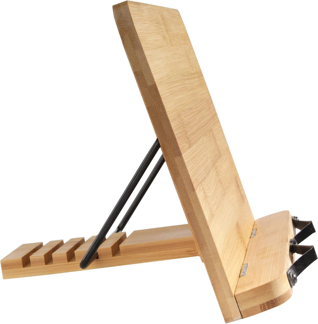 BambooMN Universal Bamboo Book Stand, for Cookbooks, Reading, Cell Phone, Art, Sheet Music, Tablet - Portable and Foldable with 5 Position Adjustable Tilt - 10 Units