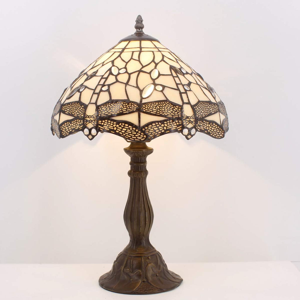 WERFACTORY Tiffany Lamp Cream Stained Glass Dragonfly Bedside Table Lamp Desk Reading Light 12X12X18 Inches Decor Bedroom Living Room Home Office S139 Series