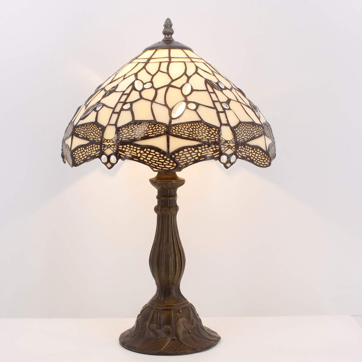WERFACTORY Tiffany Lamp Cream Stained Glass Dragonfly Bedside Table Lamp Desk Reading Light 12X12X18 Inches Decor Bedroom Living Room Home Office S139 Series