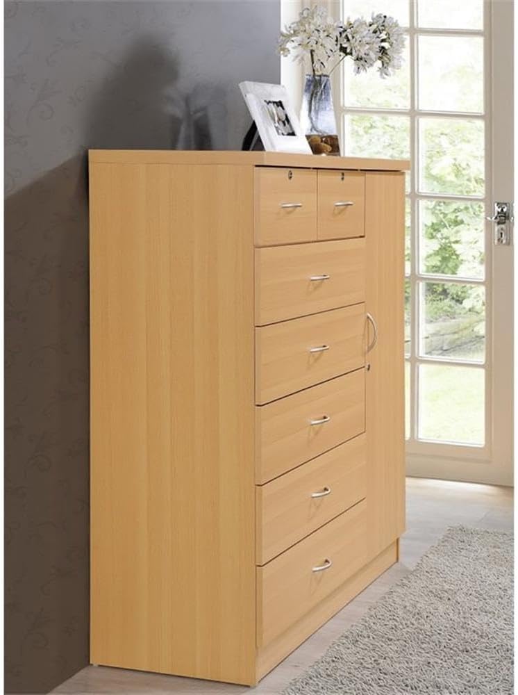 BOWERY HILL 7 Drawer Chest, Beech Wood Finish, Locks on 2 Drawers and 1 Door, Adjustable Shelves, Hanging Rod, Metal Roller Glides, Double Ring Pull Handles, 48.6 in H x 47.2 in W x 17.6 in D