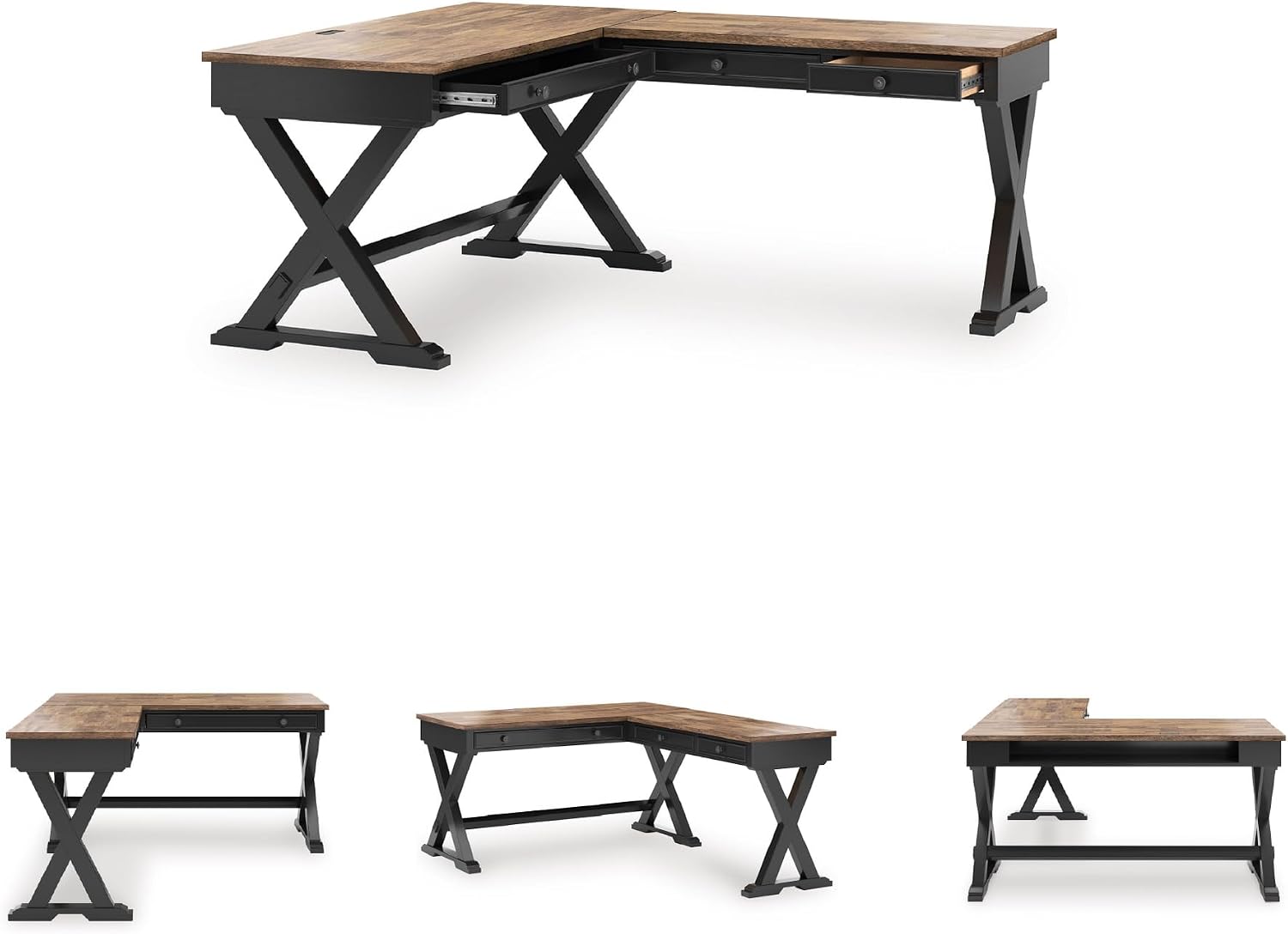 Signature Design by Ashley Wildenauer Casual 3-Drawer Home Office Desk and Return with Drop-Down Keyboard Tray and Cord Management, L-Shaped Desk, Wood, Mango Wood Veneer, Light Brown & Black