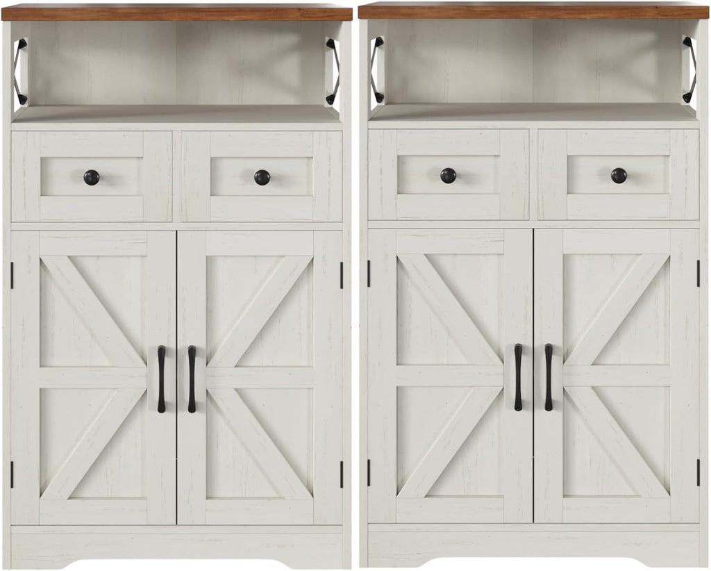 Befrases Set of 2 Farmhouse Storage Cabinet with Barn Doors and Drawers, Freestanding Kitchen Pantry, Floor Storage Cabinet Hutch Cupboard for Kitchen, Laundry, Living Room, White