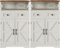 Befrases Set of 2 Farmhouse Storage Cabinet with Barn Doors and Drawers, Freestanding Kitchen Pantry, Floor Storage Cabinet Hutch Cupboard for Kitchen, Laundry, Living Room, White