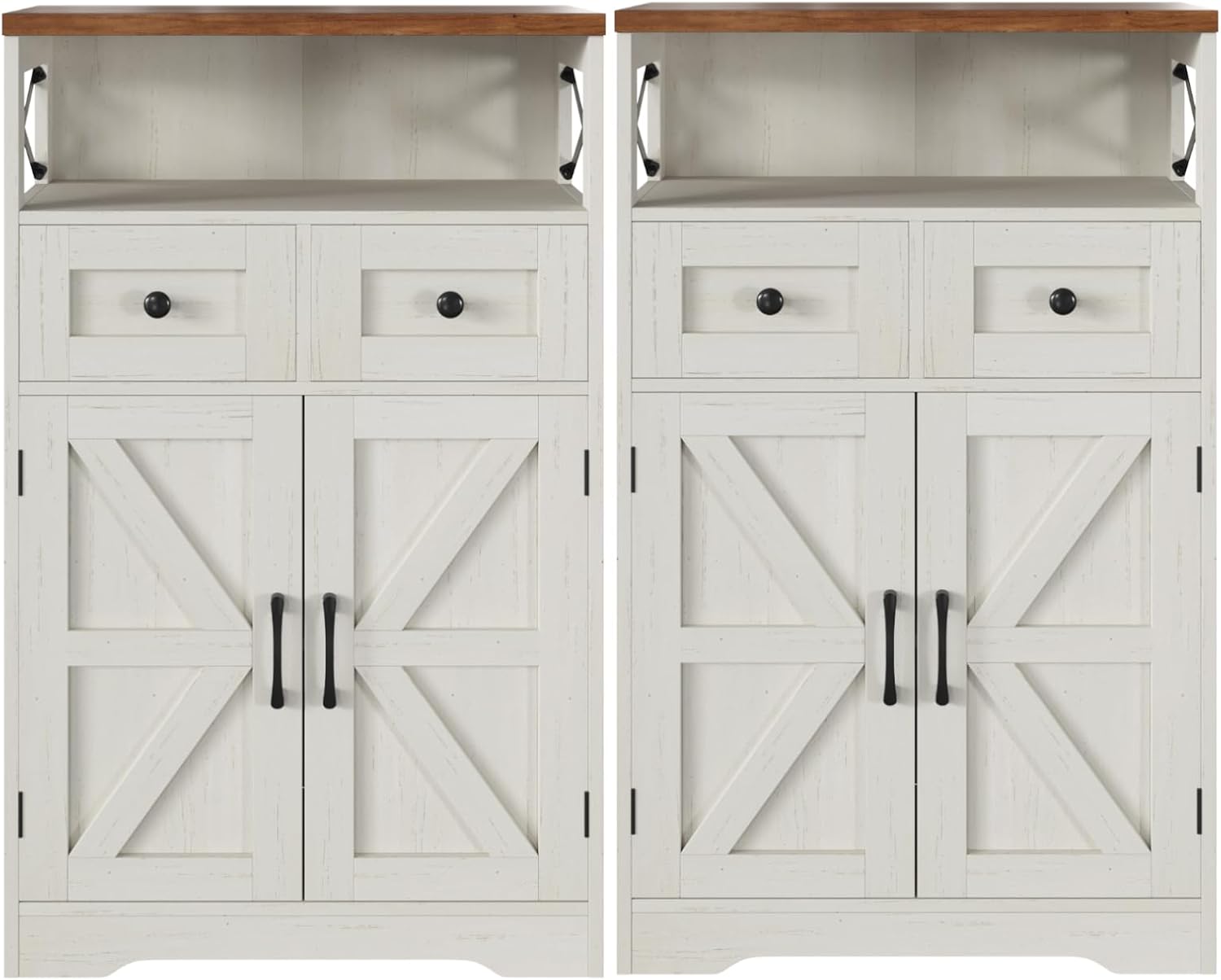 Befrases Set of 2 Farmhouse Storage Cabinet with Barn Doors and Drawers, Freestanding Kitchen Pantry, Floor Storage Cabinet Hutch Cupboard for Kitchen, Laundry, Living Room, White