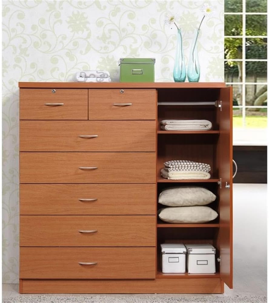 BOWERY HILL 7 Drawer Chest with Locks, Cherry Wood, 48.6 in H x 47.2 in W x 17.6 in D, Side Door with Shelves and Hanging Rod, Adjustable Shelves, Sturdy Design for Bedroom Storage