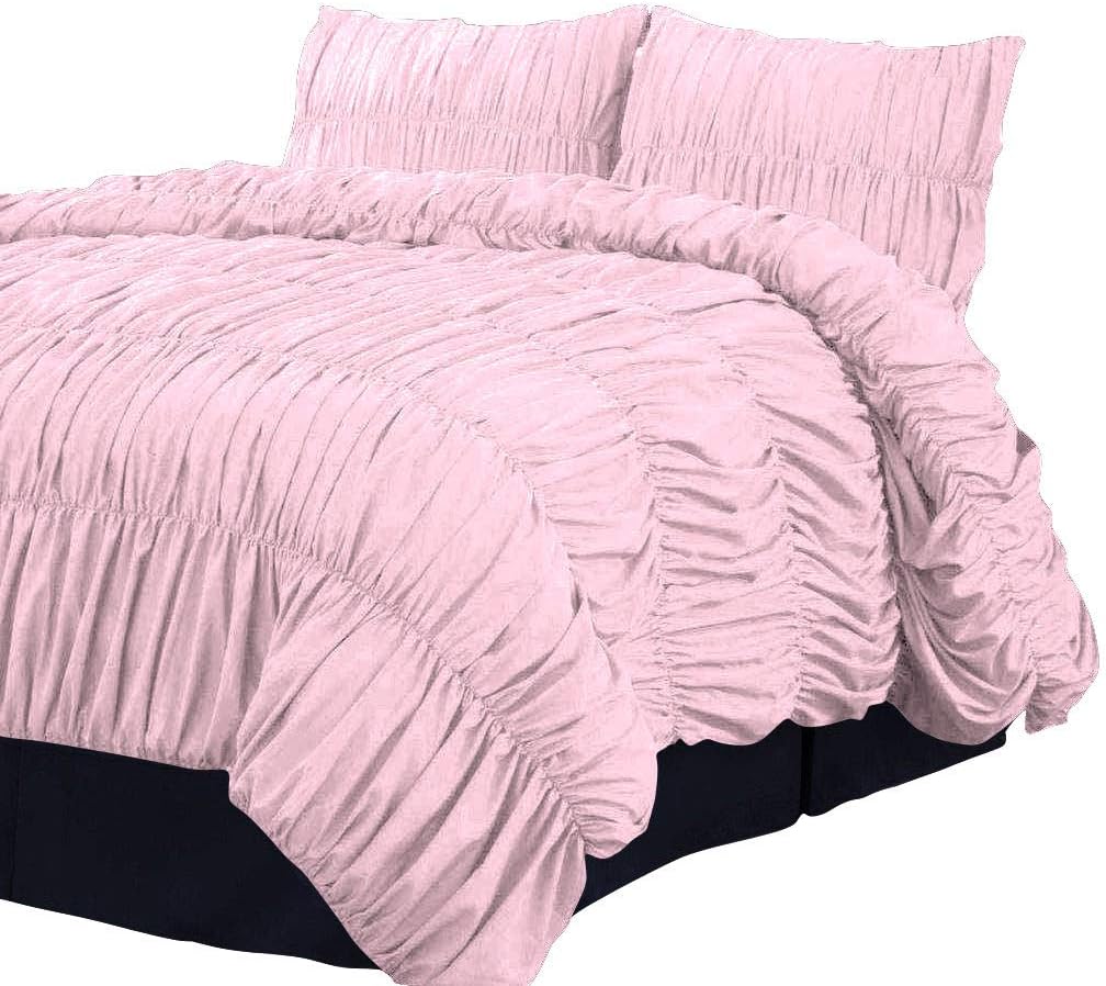 800 Thread Count 100% Egyptian Cotton 1 Piece Gathered Ruffle Duvet Cover with 2 Matching Pillowshams Zipper Closure Queen/Full Solid Baby Pink