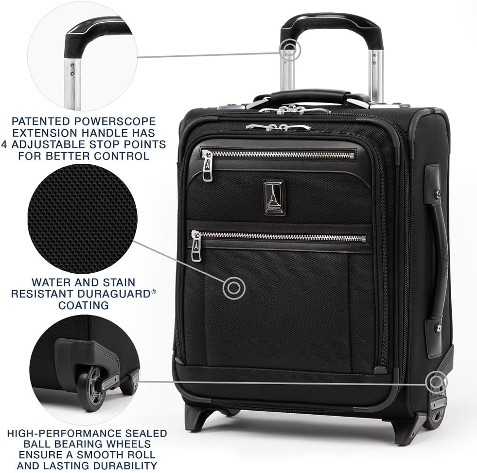 Travelpro Platinum Elite Softside Expandable Carry on Luggage, 2 Wheel Upright Regional Suitcase, USB Port, Men and Women, Shadow Black, Carry On 16-Inch