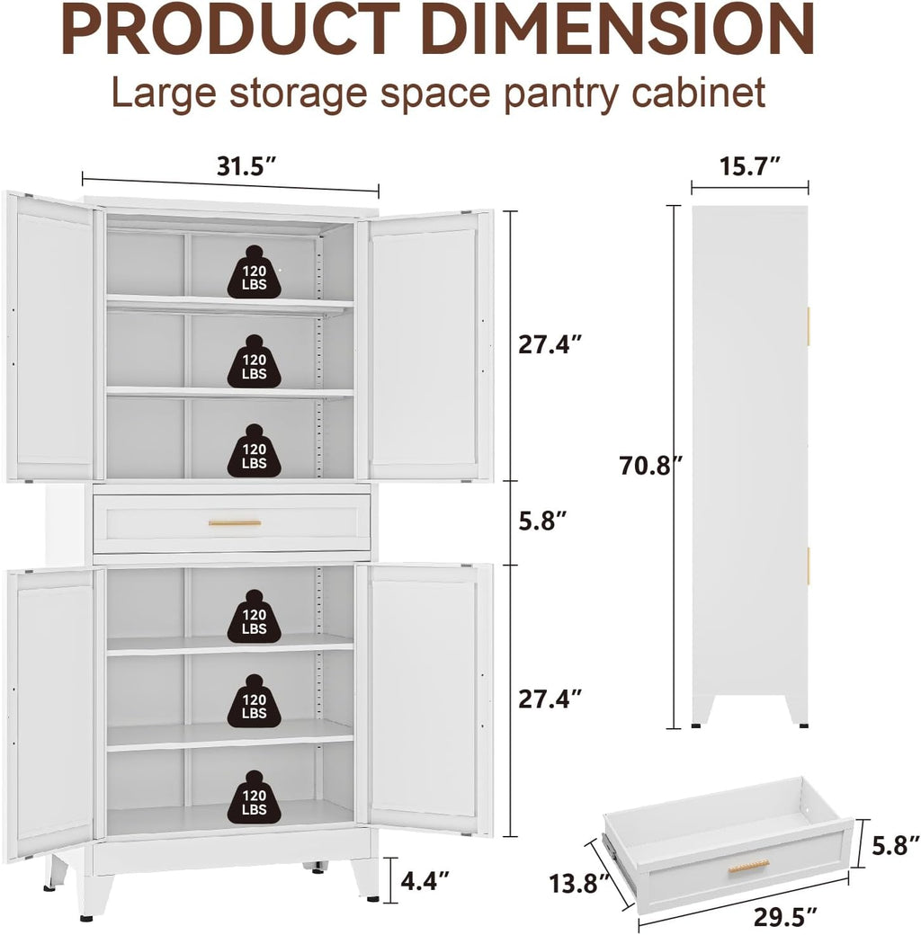 Metal Storage Cabinet, 71' Tall Kitchen Pantry Cabinets, Steel File Cabinet with 4 Doors & Adjustable Shelves and Drawer for Kitchen, Dining Room, Living Room, Bathroom