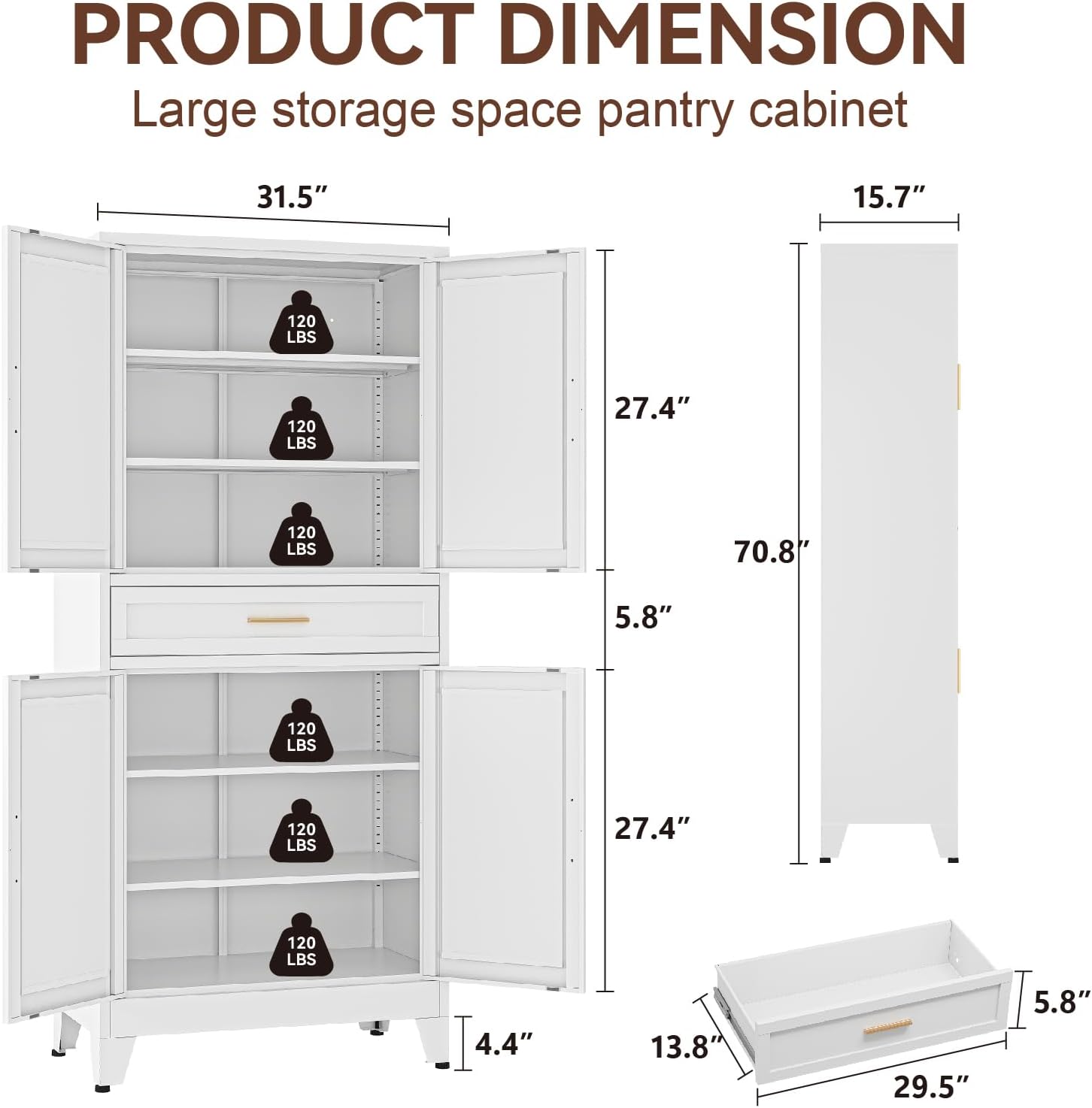 Metal Storage Cabinet, 71' Tall Kitchen Pantry Cabinets, Steel File Cabinet with 4 Doors & Adjustable Shelves and Drawer for Kitchen, Dining Room, Living Room, Bathroom