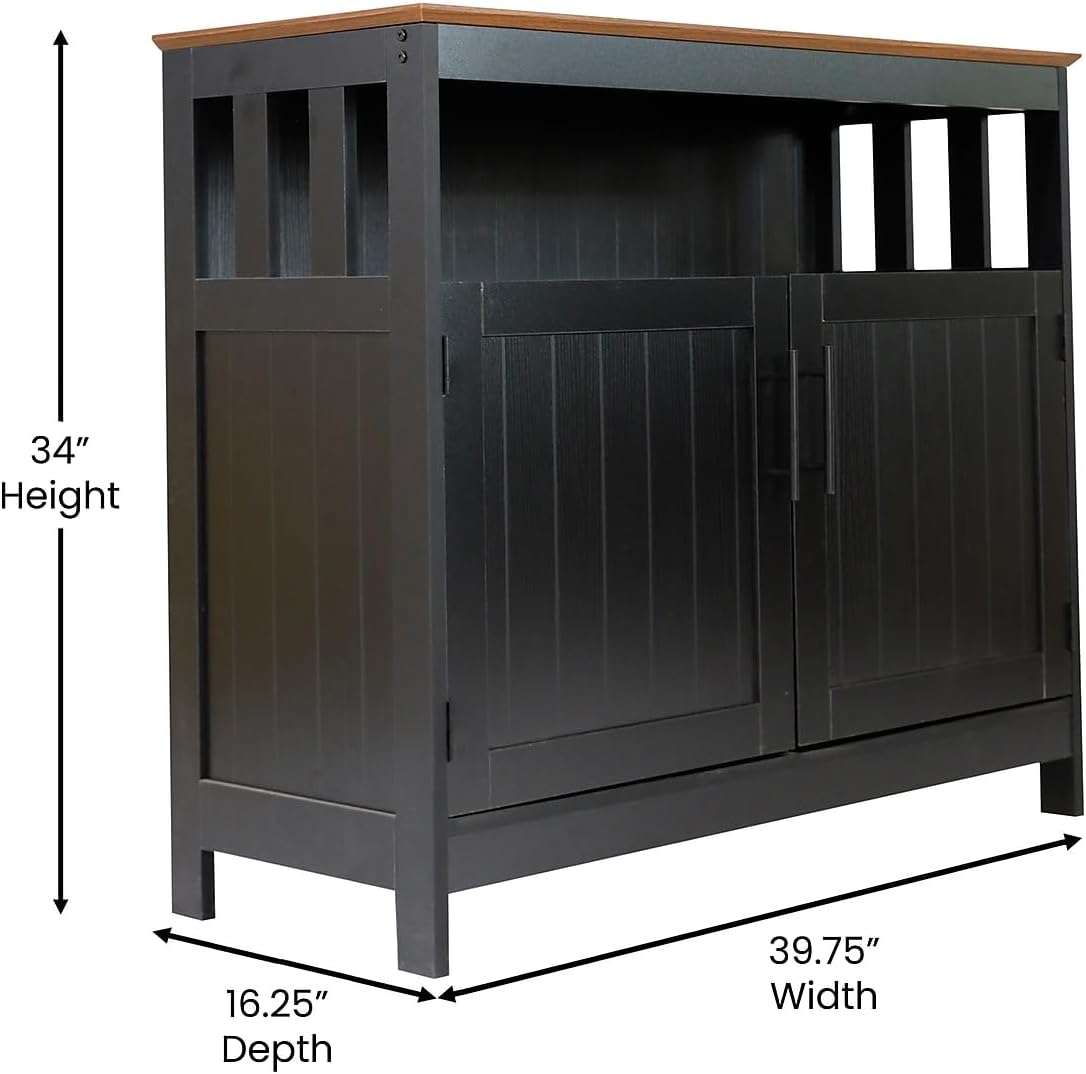 Flash Furniture Mayfield Buffet and Sideboard Cabinet, Double Door Storage Cabinet, Open Upper Storage Shelf, Waterproof Surface, 40' Wide, Black/Walnut
