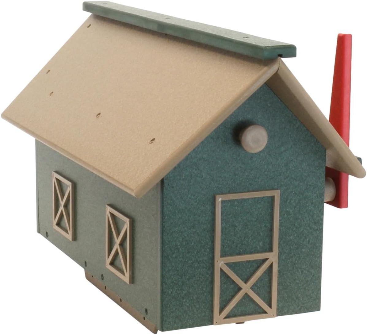 Country Barn Style Mailbox, Post Mount, Made with Weather-Proof Poly Lumber, UV-Resistant, (Weathered Wood and Turf Green)