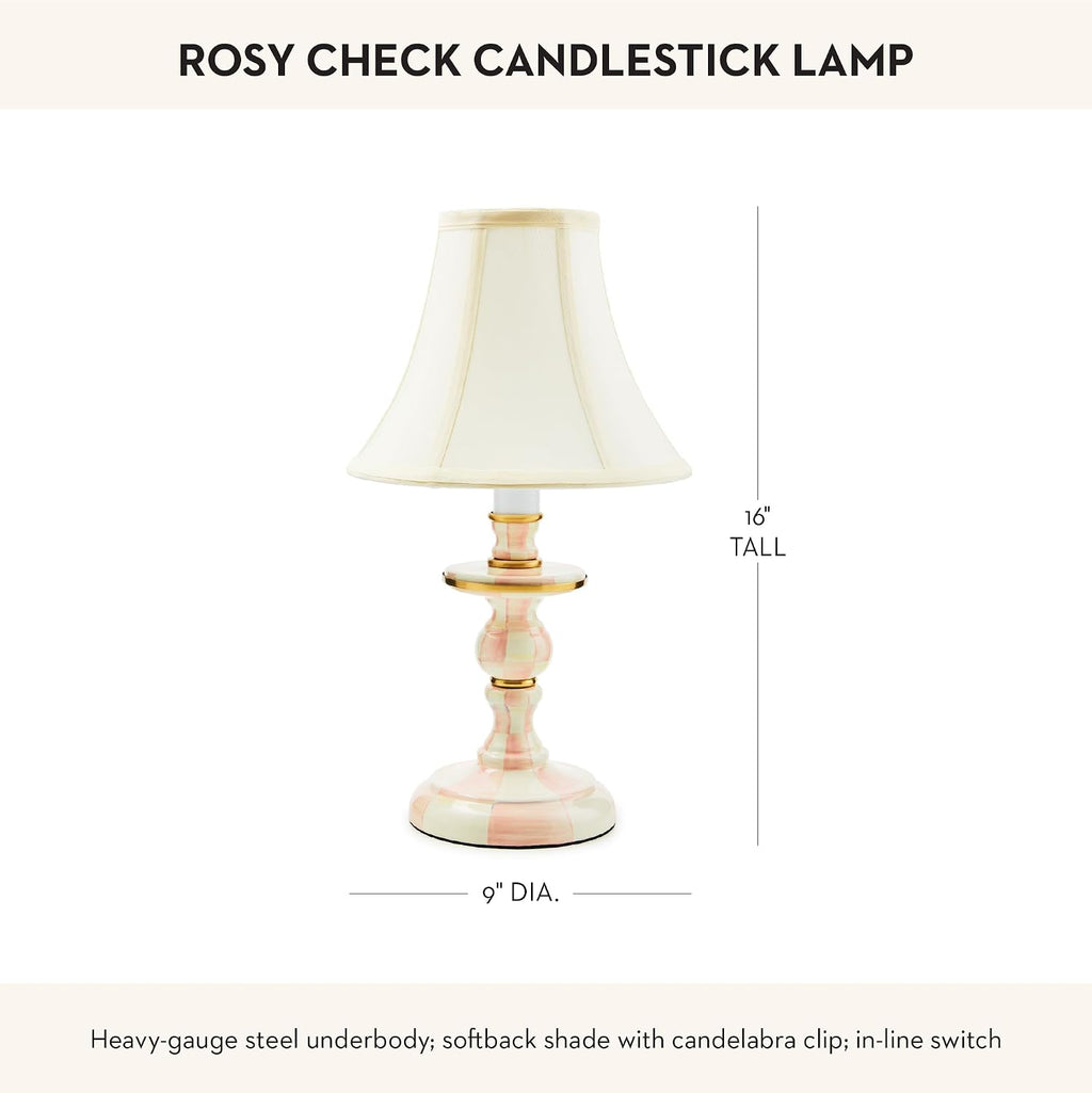 MACKENZIE-CHILDS Candlestick Lamp, Decorative Lamp for Living Room or Bedroom, Pink-and-White Rosy Check