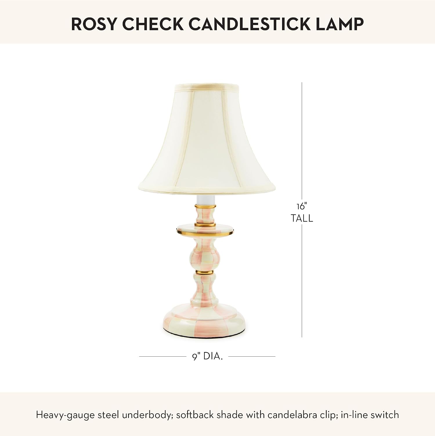 MACKENZIE-CHILDS Candlestick Lamp, Decorative Lamp for Living Room or Bedroom, Pink-and-White Rosy Check