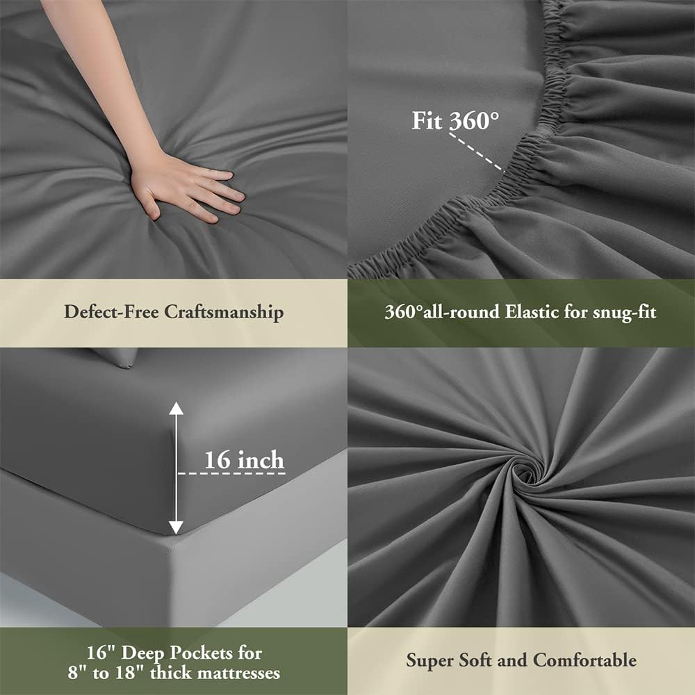1200 Thread Count Cotton Sheets, 100% Egyptian Cotton Sheet for Queen Size Bed, Sateen Weave Bed Sheets 17-Inch Deep Pocket - Breathable and Hypoallergenic - 4 Piece (Charcoal Grey, Queen)