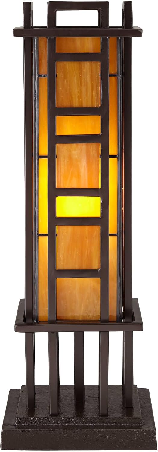 Robert Louis Tiffany Prairie Style Mission Rustic Pillar Accent Table Lamp Bronze Iron Column Hand-Cut Amber Stained Art Glass for Cottage Core Living Room Bedroom House Bedside Nightstand Family