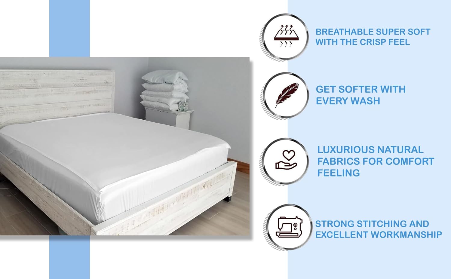 Cotton Zip On Fitted Sheet Queen - 2 Zip Sheets & 1 Fitted Sheet Base - Upto 16' Inch Deep Pocket Queen Size Zipper Fitted Sheets - Soft & Luxury 600 TC 100% Cotton - Aqua Blue