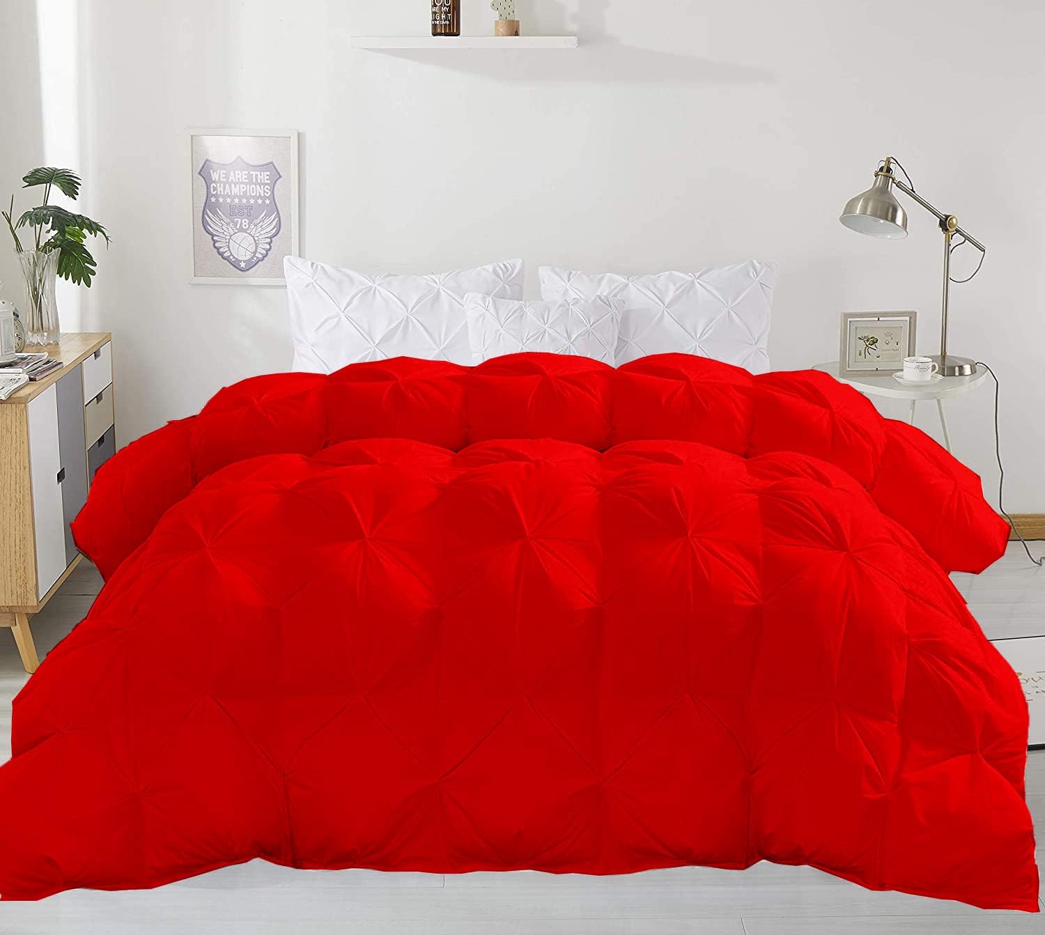 Red All Season Down Alternative Pintuck Comforter- Queen Size 90 x 90 Inches 1 pc Pinch Pleated Comforter 600 GSM & 4 - Corner Tabs 100% Egyptian Cotton- - Red Solid