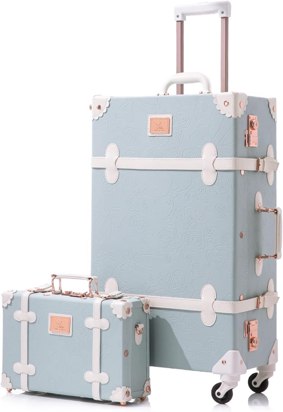 Unitravel 2 Piece Vintage Suitcase Set, 26' Women Cute Travel Luggage with 12' Handbag, Hardside Faux Leather Spinner Trunk with TSA Lock (Embossed Blue)