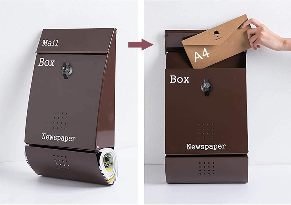 Letter Box Modern Metal Mailbox with Locked and Keys Residential Office Hanging Brown Post/Letter Box with Newspapers Compartment