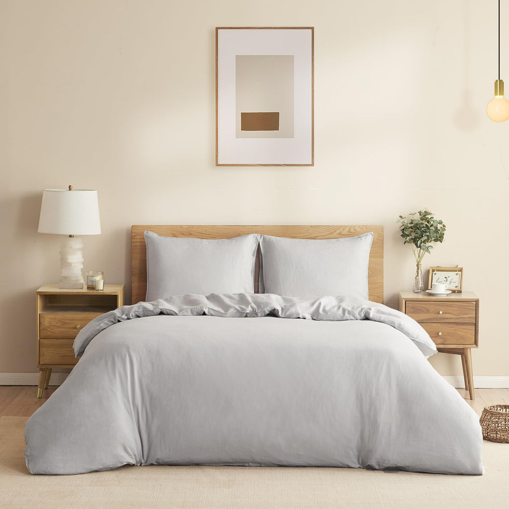 DAPU 100% Linen Duvet Cover Set - Pure Natural French Flax Linen with Corner Ties and Zipper Closure Soft Breathable Durable for Hot Sleepers 1 Duvet Cover 2 Pillowcases (Fog Gray, Queen/Full)