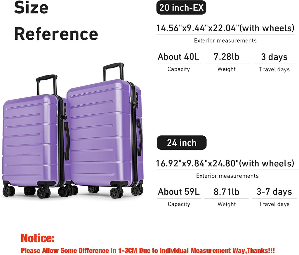KYME Luggage Sets 2 Piece Suitcase Set Hardshell 20 inch/24 inch Luggage with Spinner Wheels Hardside PC+ABS Checked Medium Suitcase with TSA Lock for Women Lt Purple