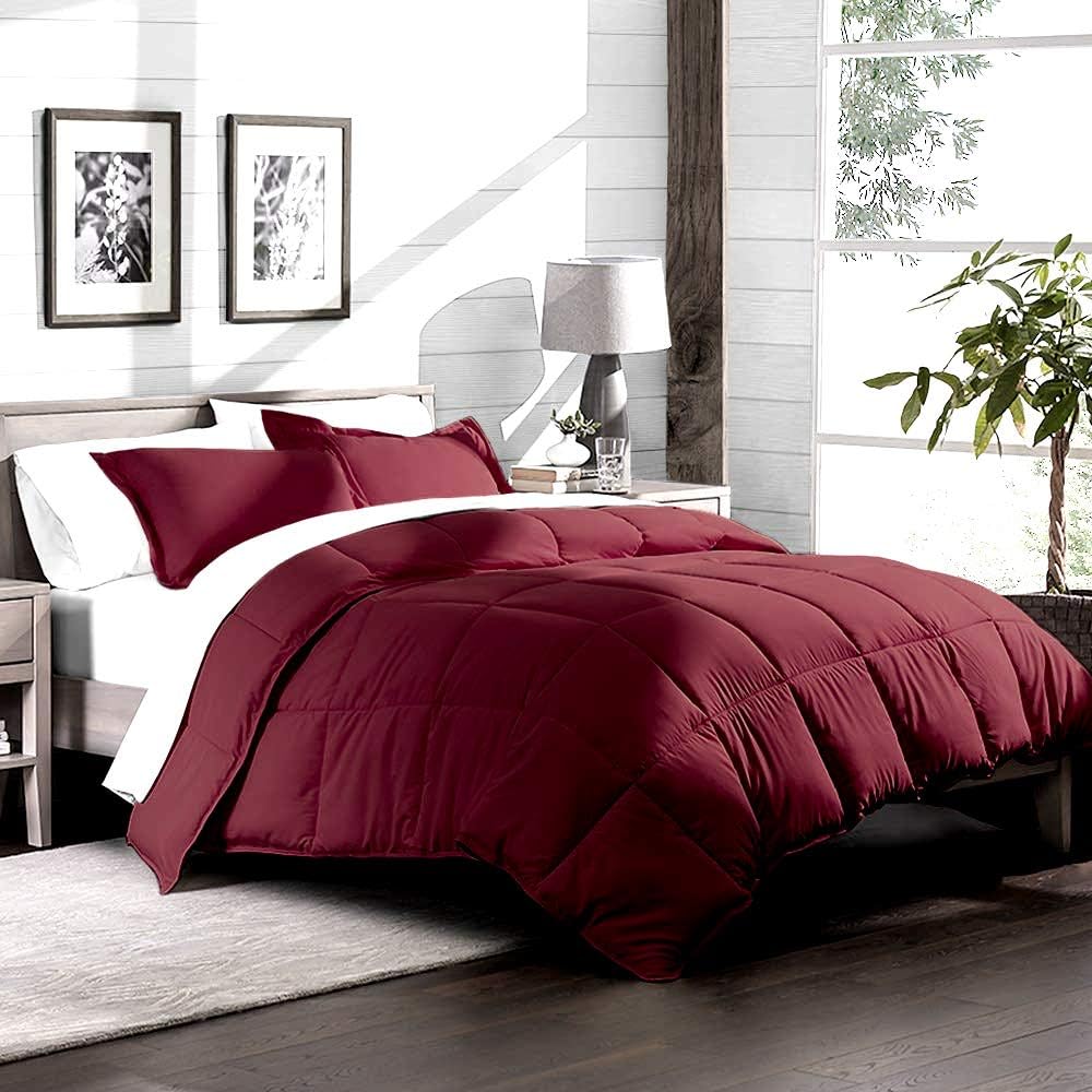 Soft 1000 TC Goose Down Alternative Egyptian Cotton Comforter Set (Comforter + 2 Pillow Cases) 400 GSM Over-Size Queen Burgundy 98'' x 98''