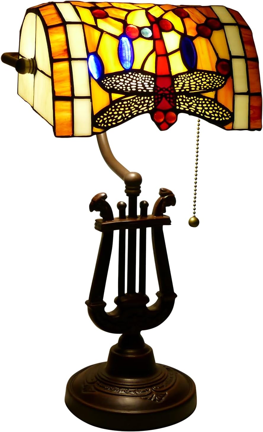 Dragonfly Bankers Lamp Antique Desk Lamps Stained Glass Banker Table Lamp with Pull Chain, Vintage Desk Lamp for Home Office, with Color Changing LED Bulb