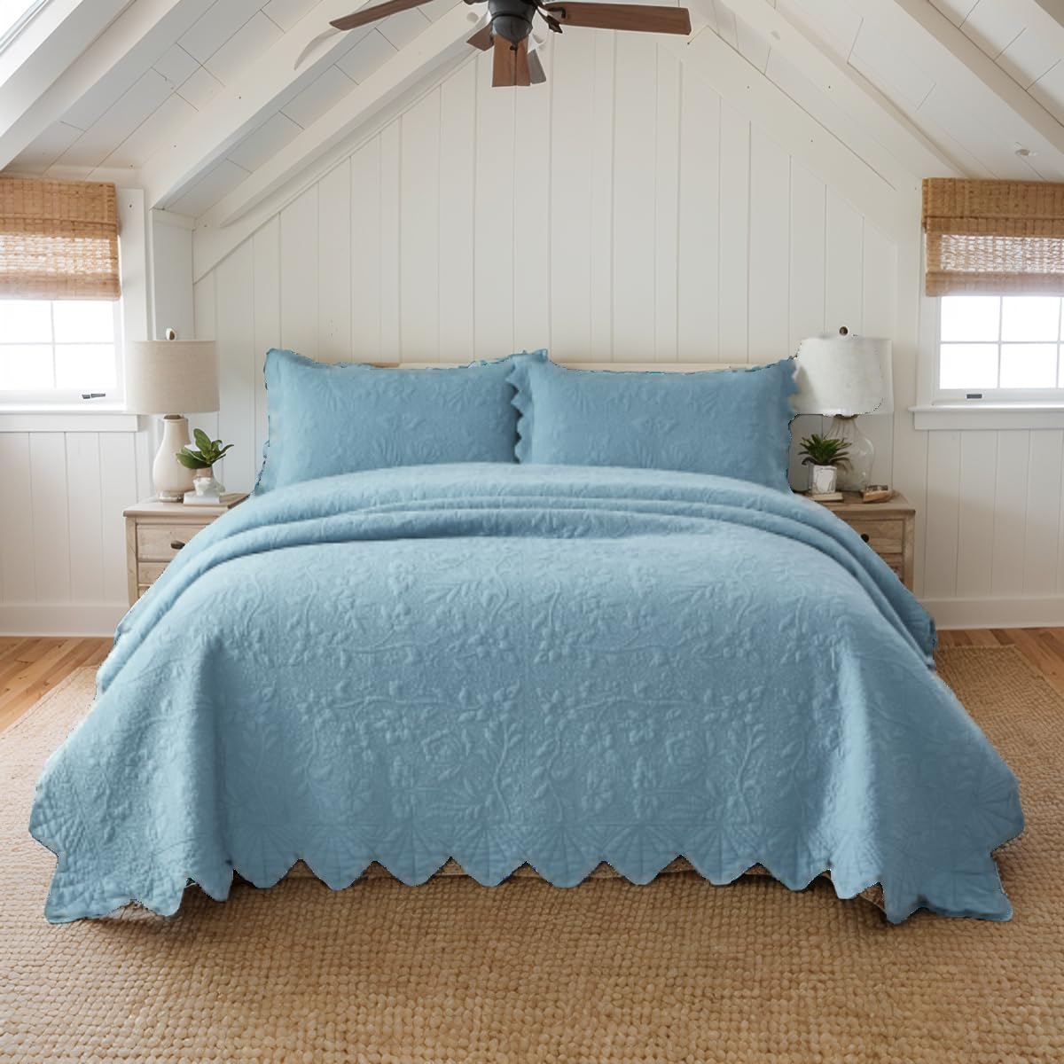 Brandream Luxury 100% Cotton Quilt Set King Size Blue Floral Vine Matelasse Stitching Hand-Finished Scalloped Edges Vintage-Inspired Textured Coverlet 3-Piece