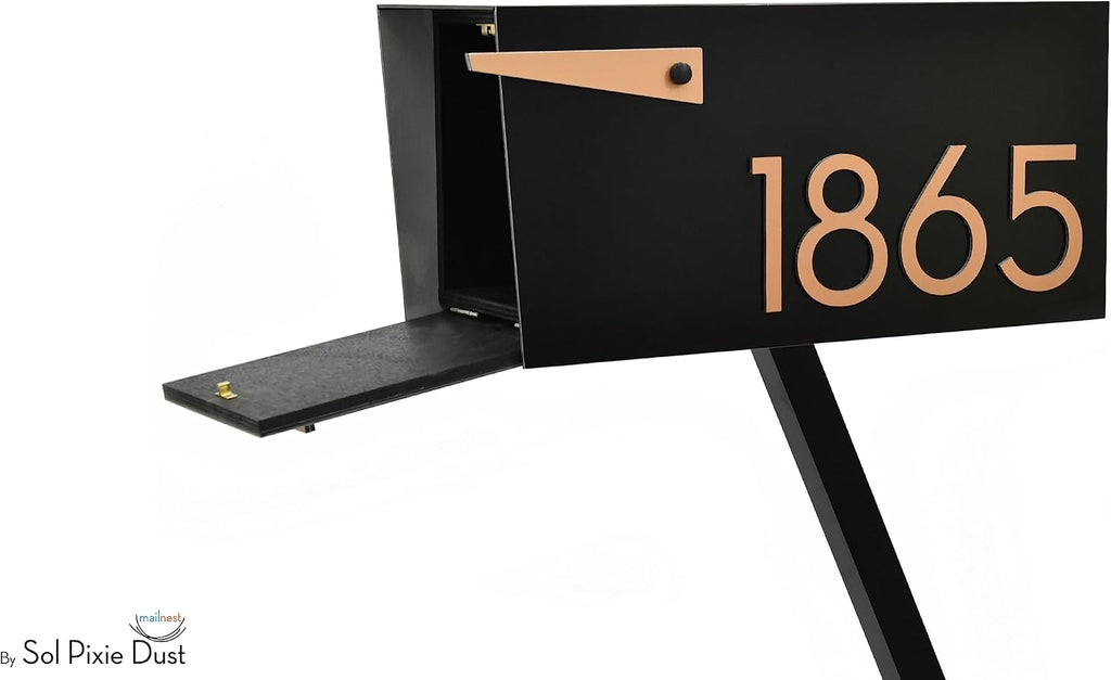 Contemporary Post-Mount Mailbox - Aluminum Black Body with Aluminum Door, Numbers and Flag - Large Customized Mailbox - Type 4 (Bronze)