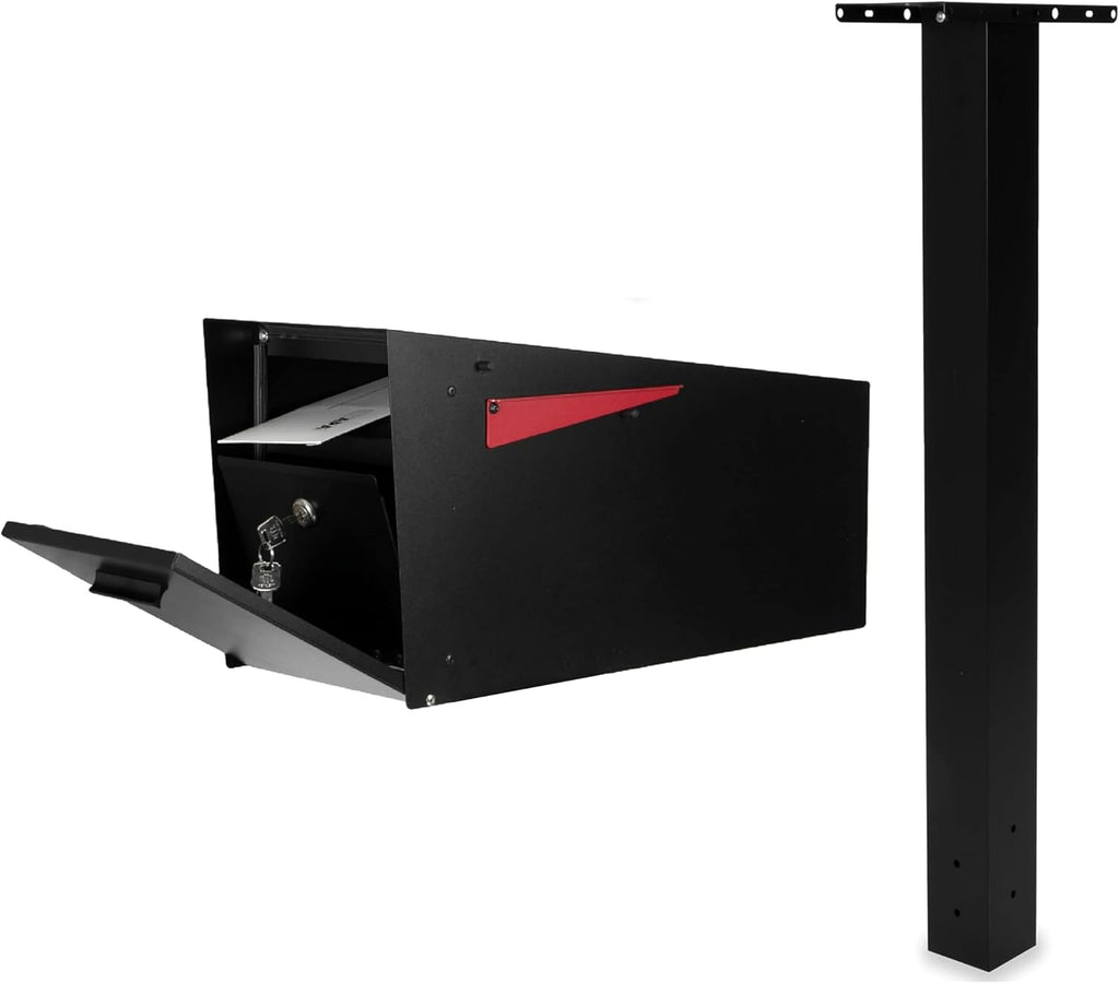 Ilyapa Locking Mailbox & Heavy-Duty 43' Metal Post Bundle: Secure Modern Black Steel Curbside Mail Box, All-Weather w/Universal Mounting Sleeve