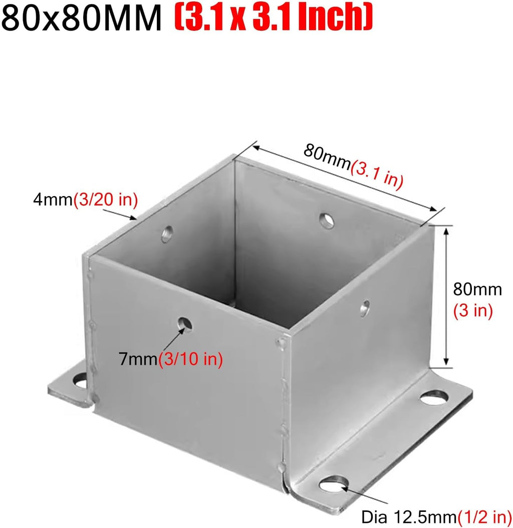 JIQHOHX 4 Pack Wood Fence Post Base Brackets, Concrete Post Anchor for Deck Railing/Vinyl Fence/Mailbox, Enclosed Bottom Pergola Support Bracket with Installation Kit(80x80 mm (3.1x3.1 in))