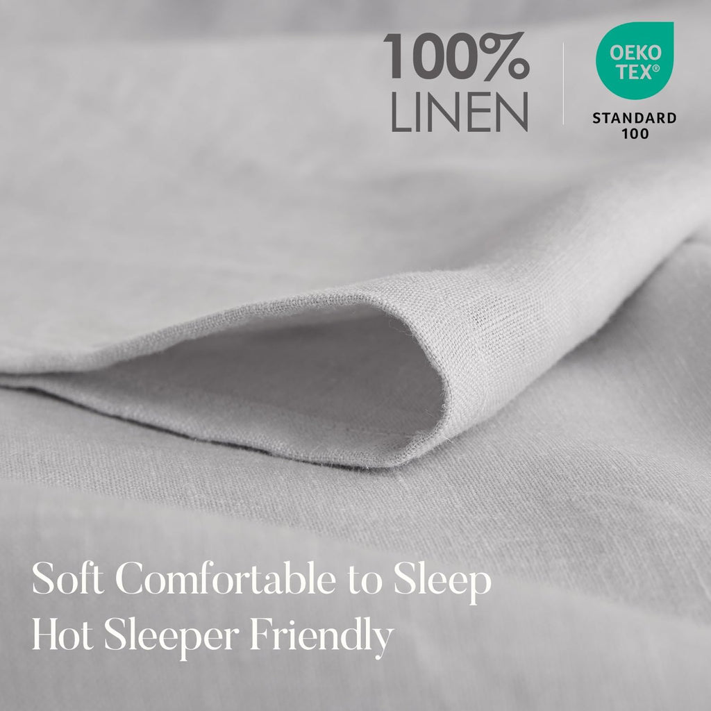 DAPU Pure Linen Sheets Set, 100% French Linen from Normandy, Breathable and Durable for Hot Sleepers, 4 Pcs Set - 1 Flat Sheet, 1 Fitted Sheet, 2 Pillowcases (Fog Gray, Queen)