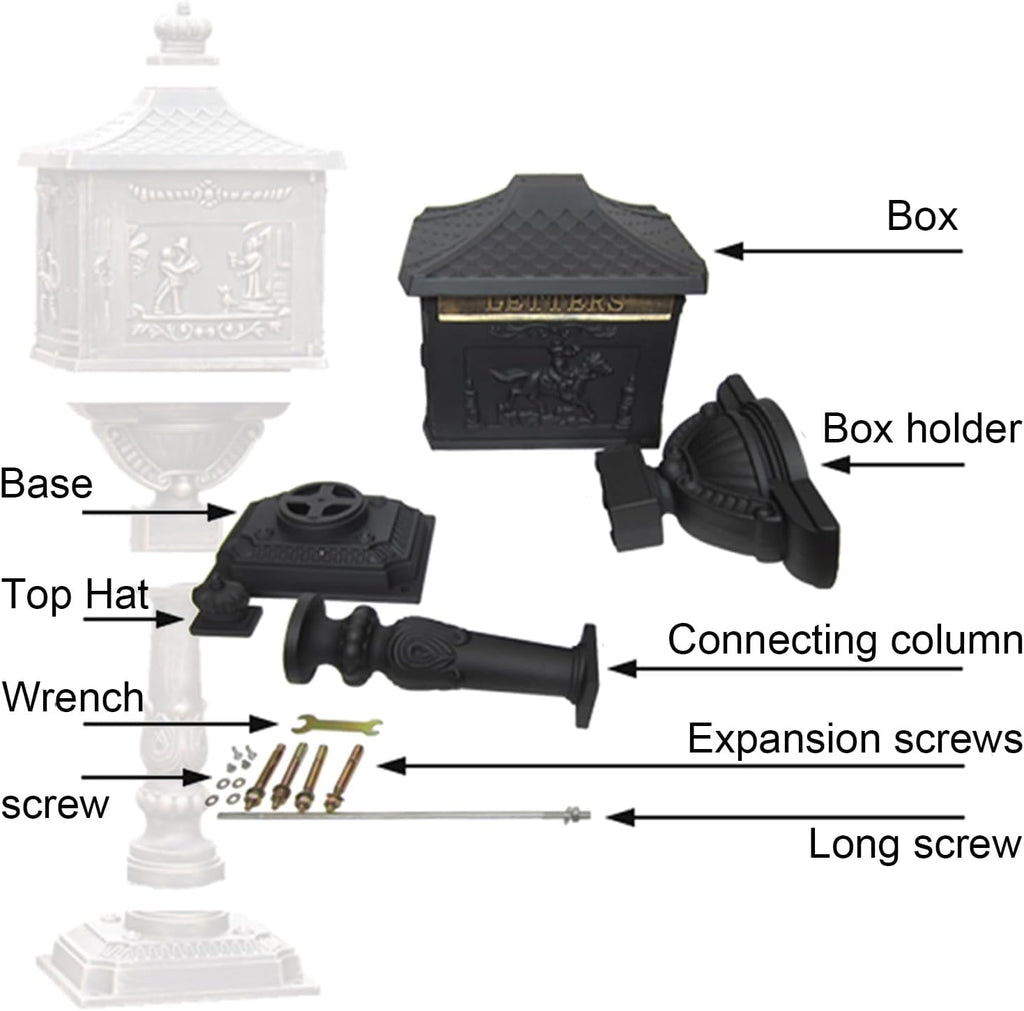 Mail Boxes for House Outside, Mailboxes for Outside with Post, Mailbox with Post, Metal Mailbox, Mailbox Cast Aluminum, Black Mail Box Postal Box, with 2 Keys(Black)