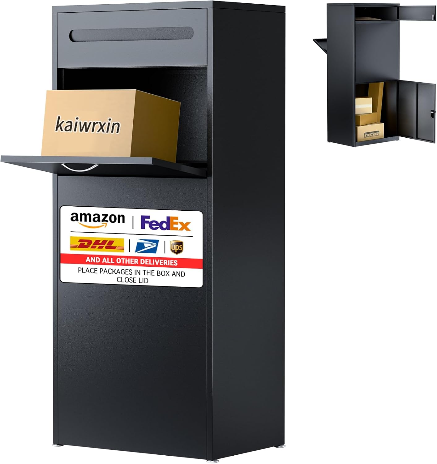 47.2' Package Delivery Box for Outside - Front-Back Black Metal Parcel Drop Box, Anti-Theft, IPX4 Waterproof, Weather-Resistant Mailbox for Porch, Fence, Curbside (Pass-Through Mailbox)