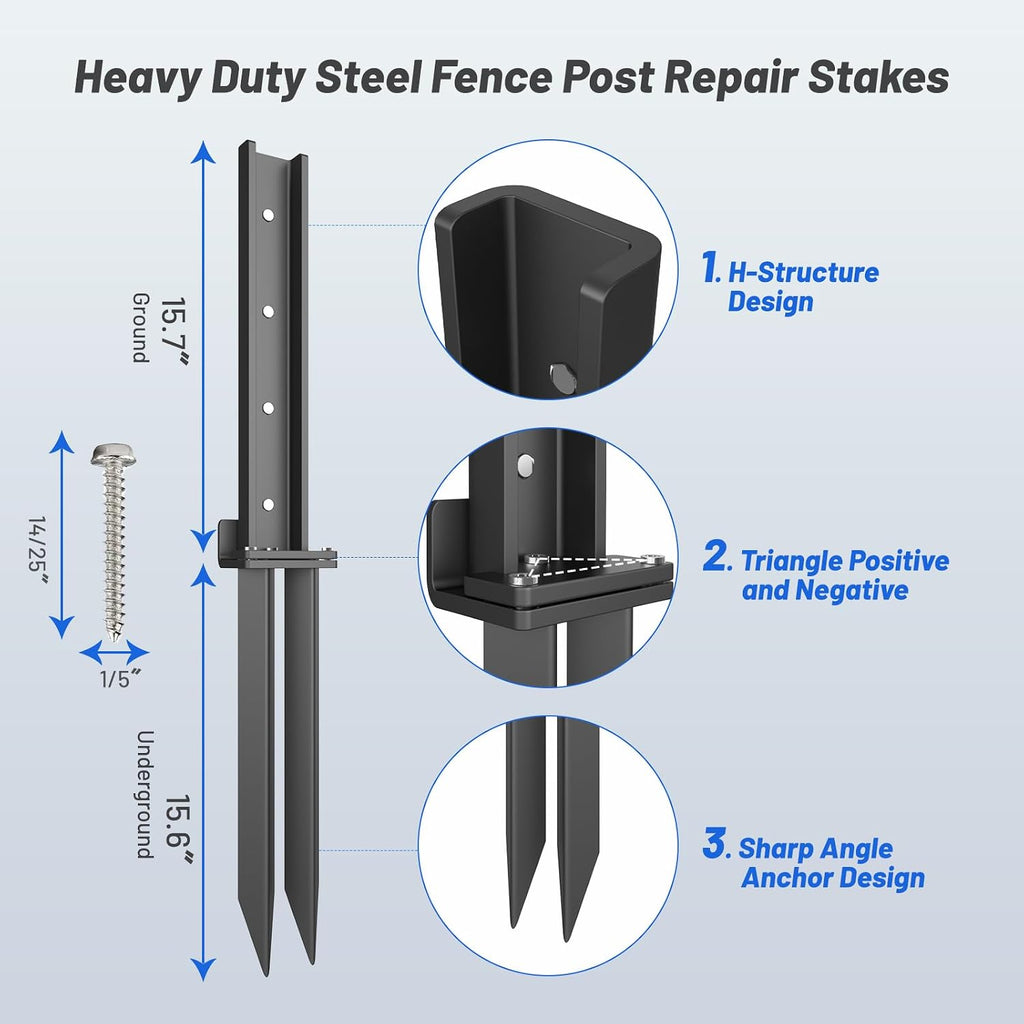 Thickened Fence Post Repair Anchor Kit, Heavy Duty Steel Fence Post Repair Stakes, Repair Tilted and Broken Wooden Post Support(8Pack/Black)