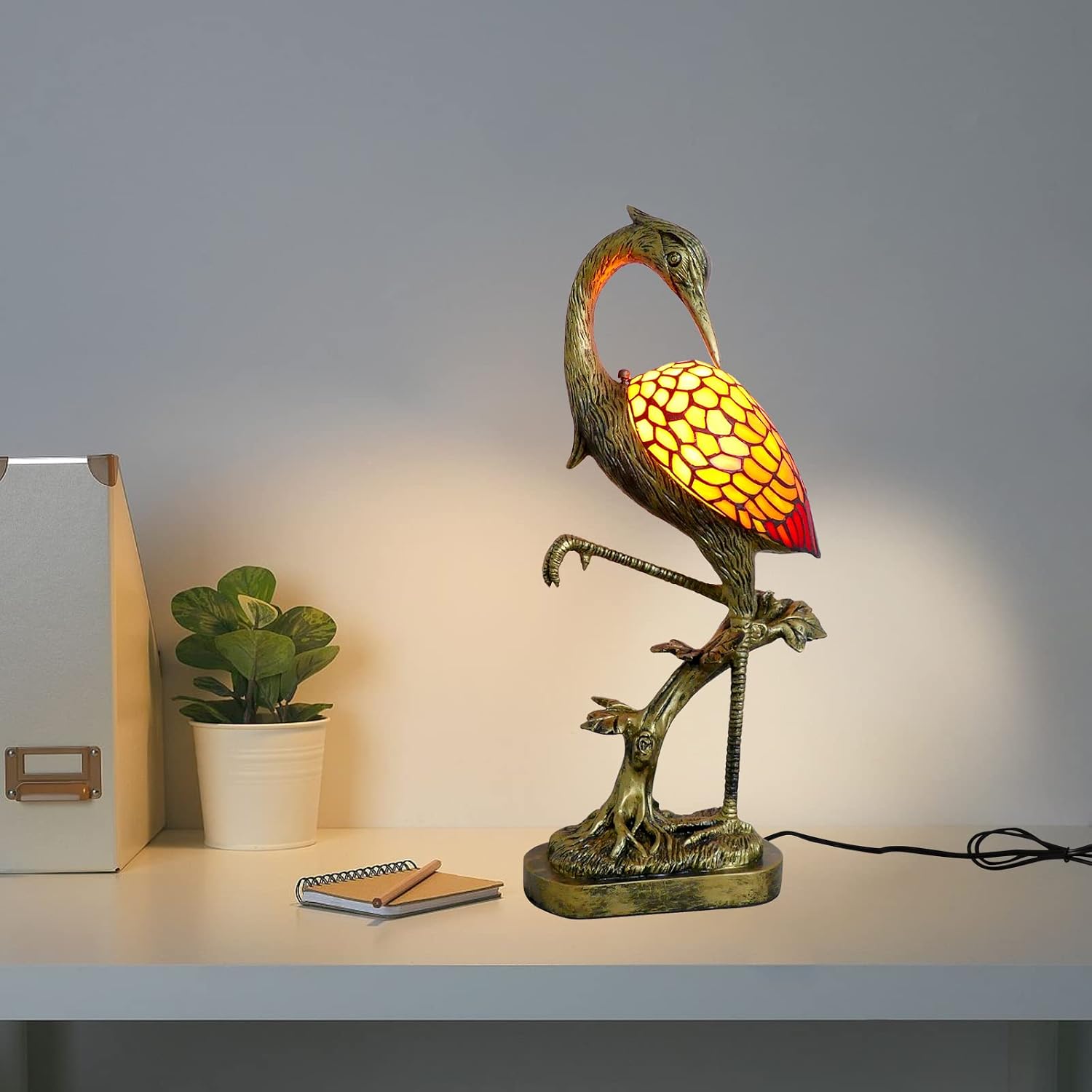 Orange Handmade Stained Glass Tiffany Table Lamp, 21.7in LED, Vintage, Decoration, Bedroom, Living Room, Office