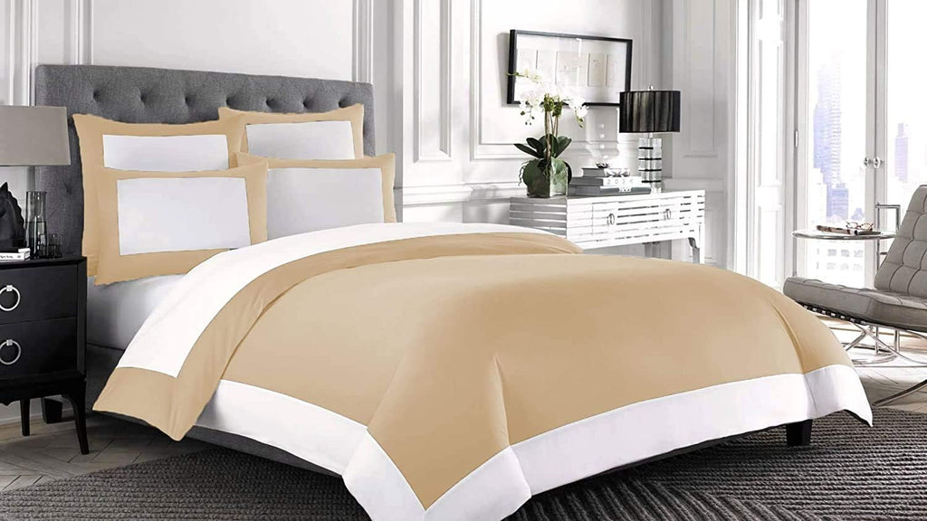 Designer Border Dual Tone Duvet Cover Set with Zipper Closure 700 Thread Count 3 Piece 100% Egyptian Cotton Duvet Cover Bedding Set Fade Resistant - Queen Size, Beige/White