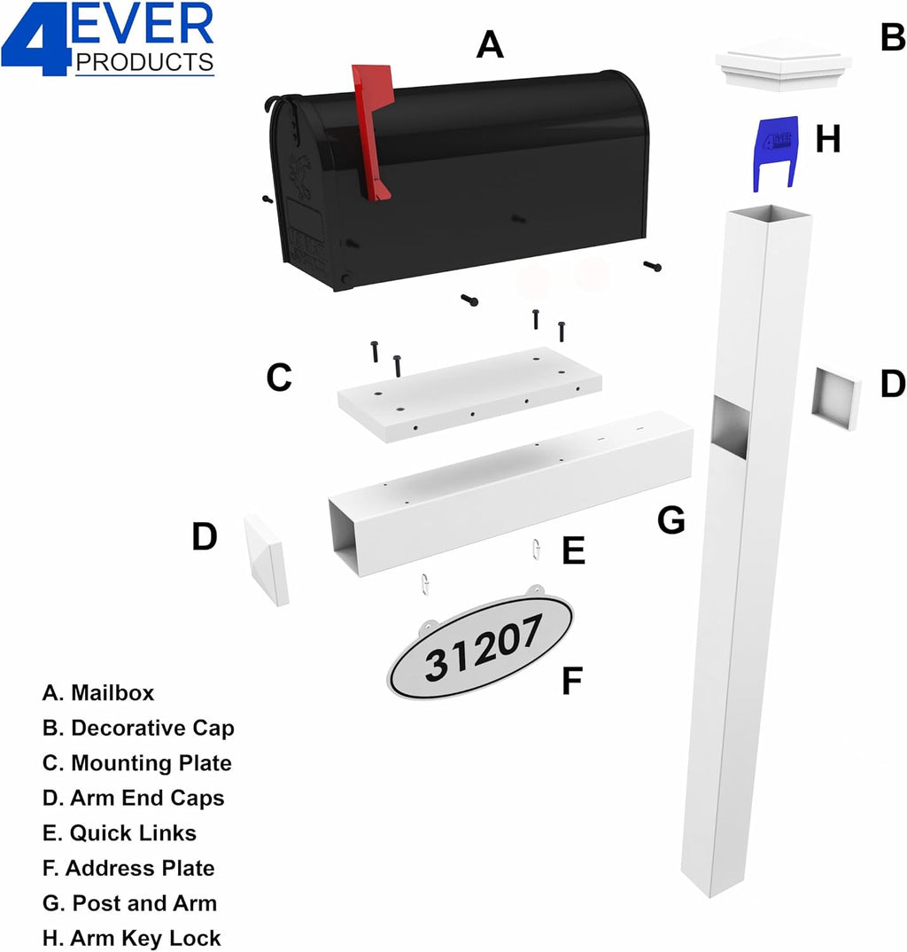 The Loudon Mailbox with Post Included - Black Metal Mailbox with White Vinyl Post Combo Complete System - Blank Address Plate Included - Numbers Sold Separately