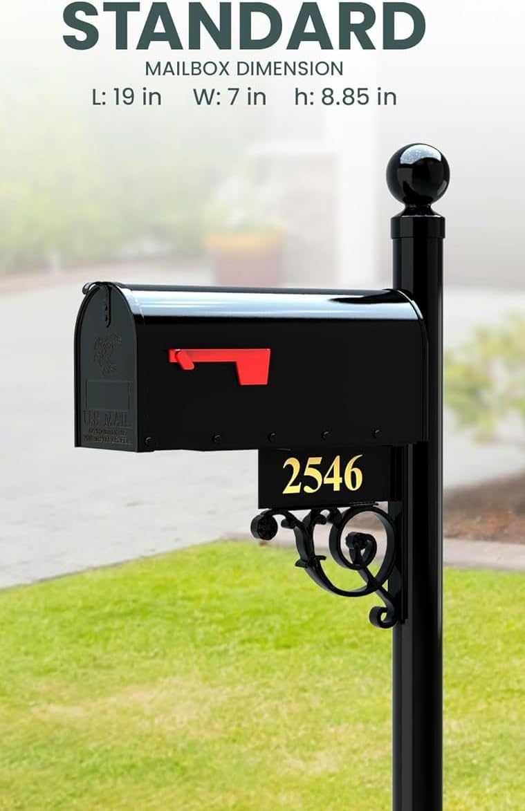 Black Mailbox with Post and Number Plate - The Regency