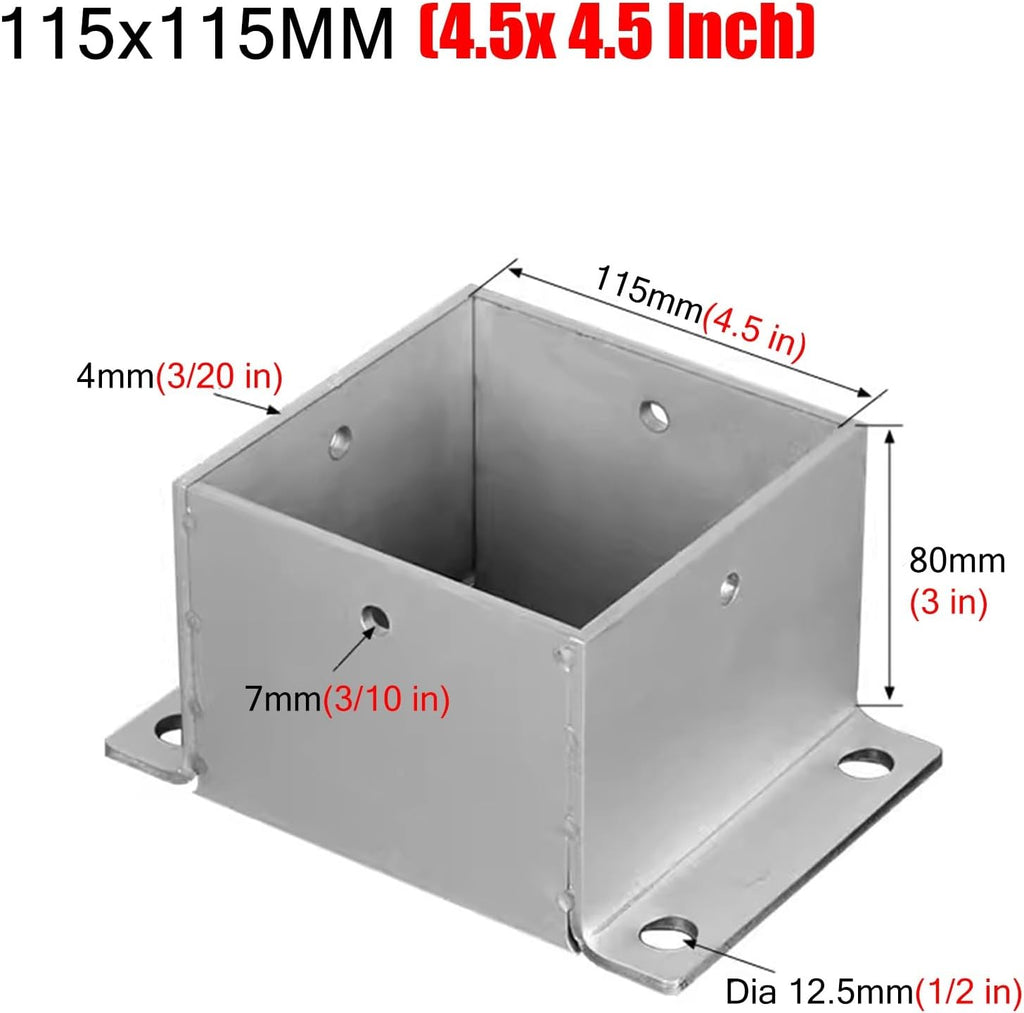 4 Pack Wood Fence Post Base Brackets, Concrete Post Anchor for Deck Railing/Vinyl Fence/Mailbox, Enclosed Bottom Pergola Support Bracket with Installation Kit(115x115 mm (4.5x4.5 in))