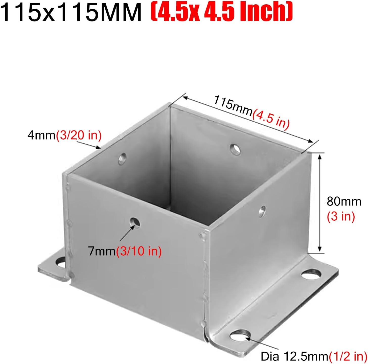 4 Pack Wood Fence Post Base Brackets, Concrete Post Anchor for Deck Railing/Vinyl Fence/Mailbox, Enclosed Bottom Pergola Support Bracket with Installation Kit(115x115 mm (4.5x4.5 in))