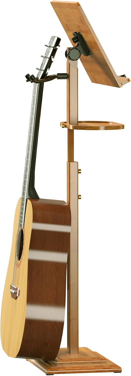 Music Stand for Sheet Music - Bamboo Folding Sheet Music Stands With Tray Guitar Clip, Wooden Sheet Music Organizer Height Adjustable 39.37''-51.2'' for Conductor Lectern Violin Piano Ukulele Players (Natural, Tray + Guitar Clip)